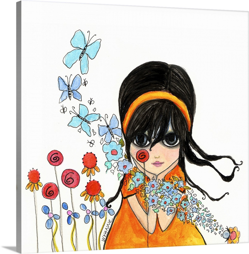 Painting of a girl with large eyes in an orange dress looking at a trail of blue butterflies.