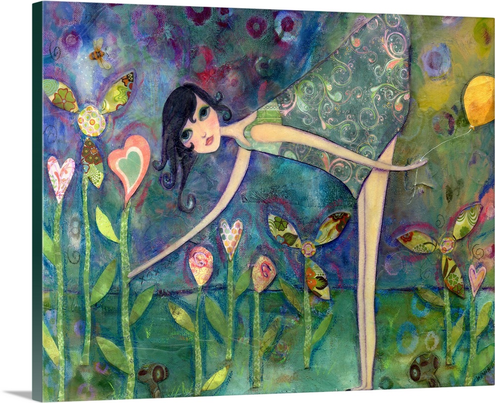 A girl in a blue dress leaning over and looking at heart-shaped flowers.