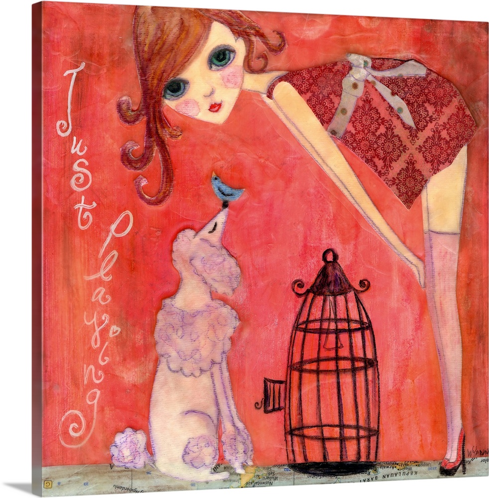 A girl leaning over a bird cage with a poodle.