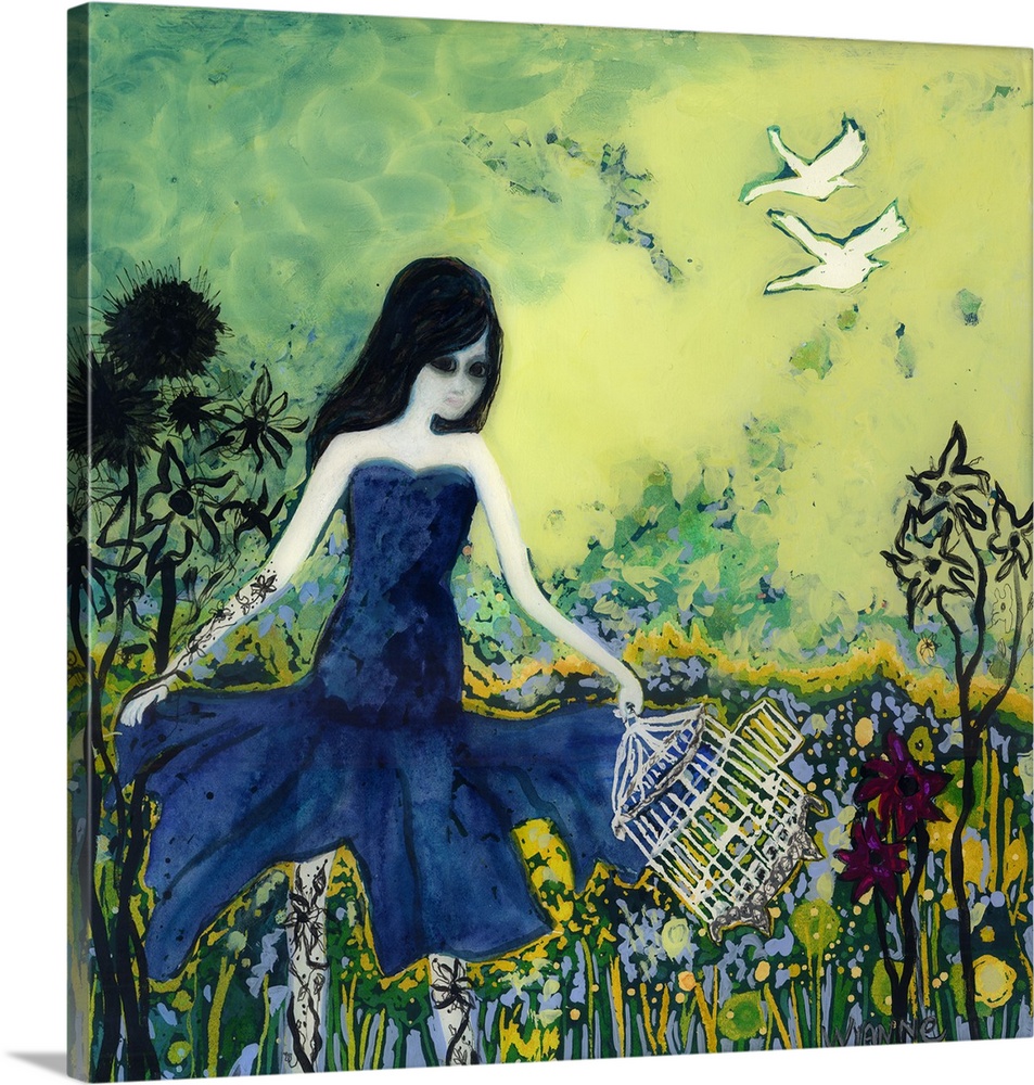 A girl in a dark blue dress holding a bird cage with two birds flying away.