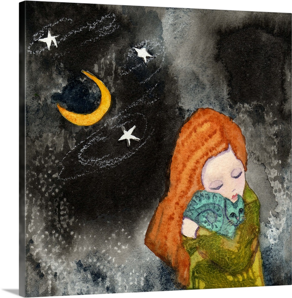 A girl with red hair holding a cat under the moon and stars.