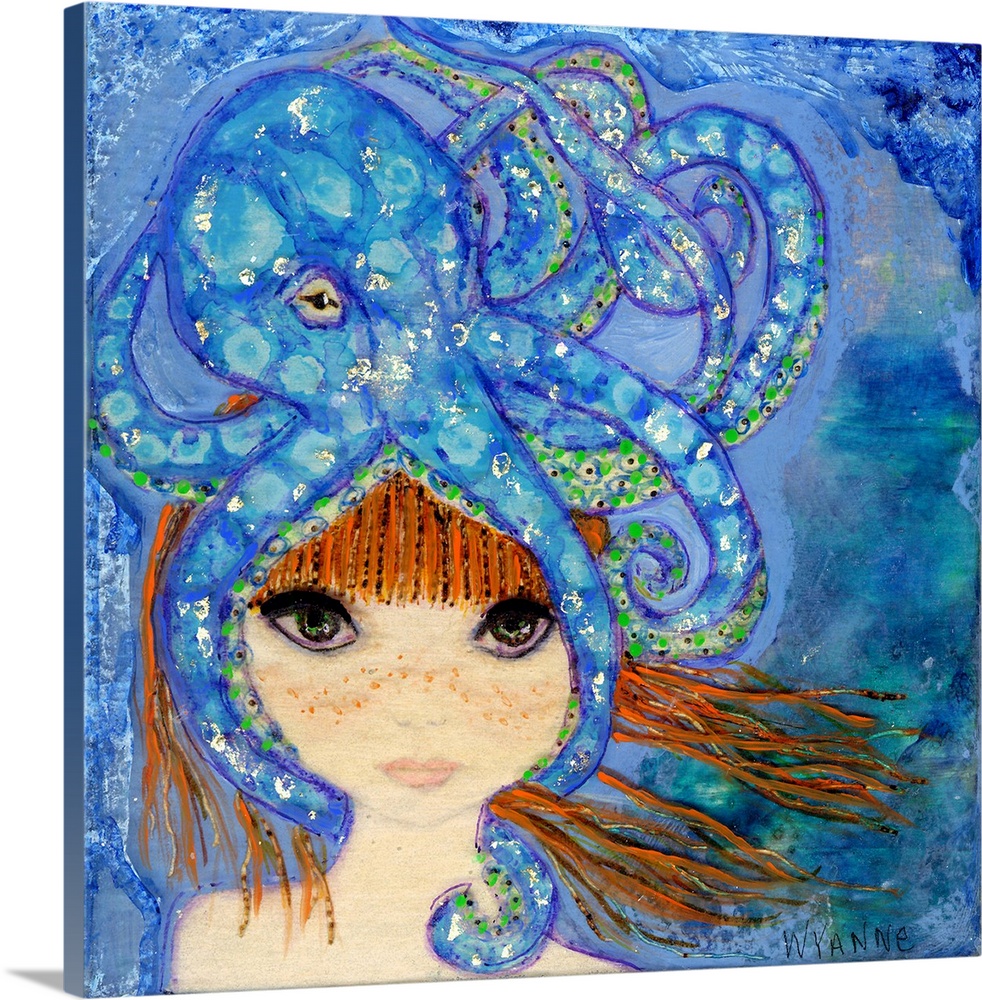 Painting of a girl with large eyes with a big blue octopus on her head.