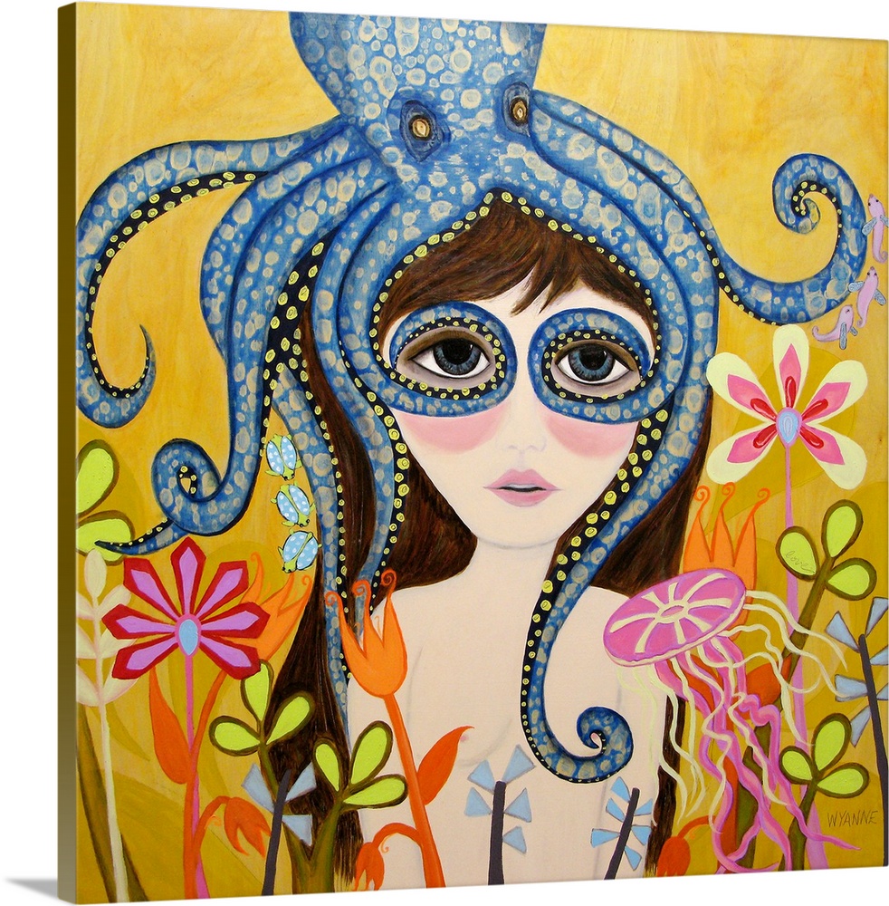 A girl with a blue octopus on her head, with its tentacles around her eyes.