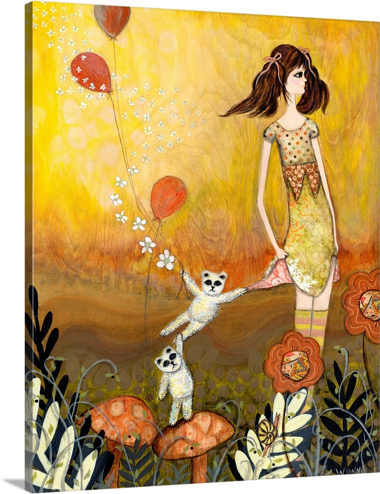 A girl in a yellow dress with two small animals and balloons.