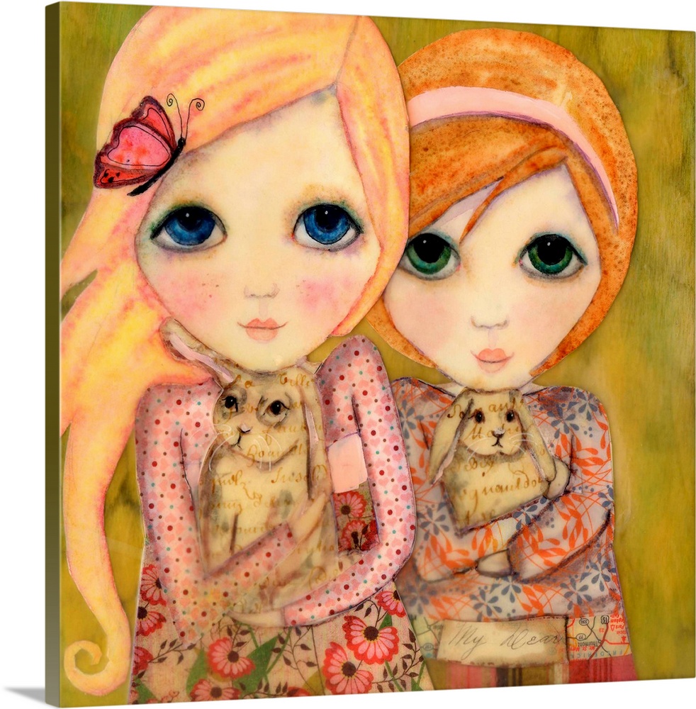 A painting of two girls holding small rabbits.