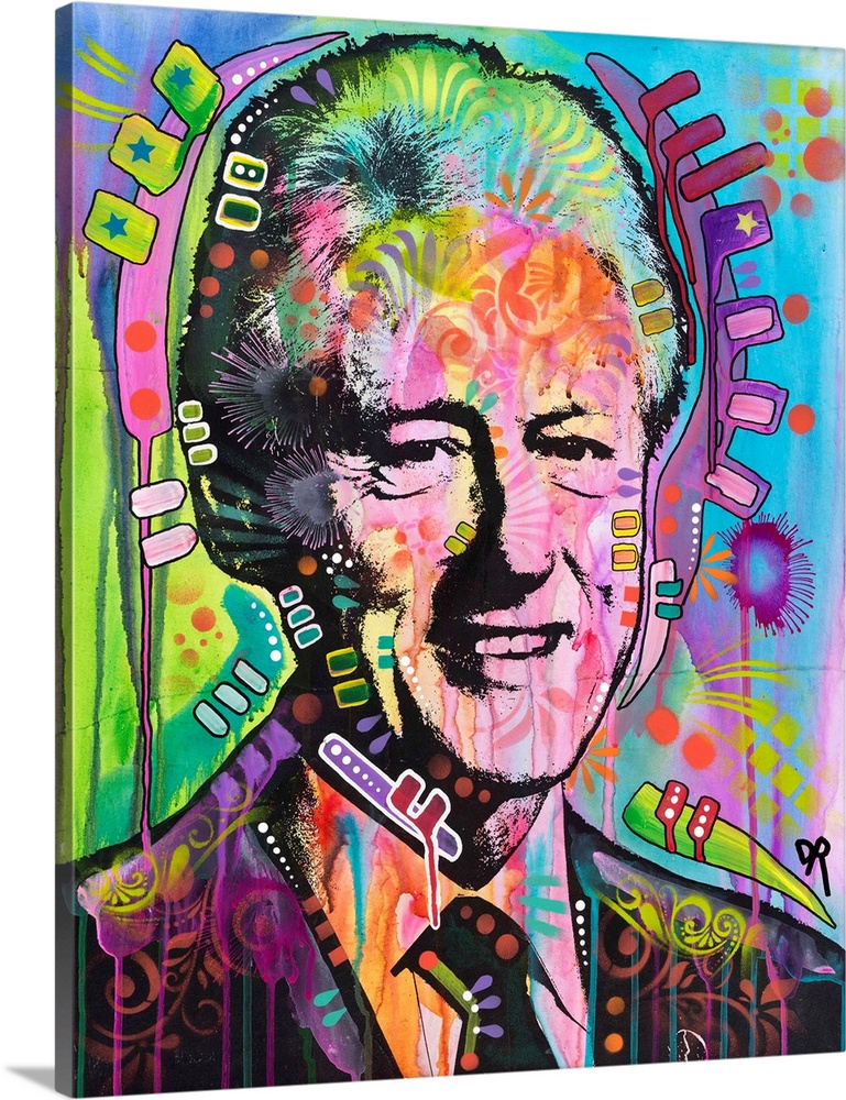 Pop art style painting of Bill Clinton in different colors and covered in abstract designs.