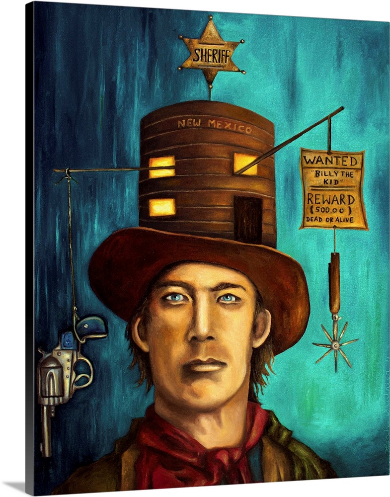 Surrealist painting of a portrait of a Billy the kid the famous western outlaw.