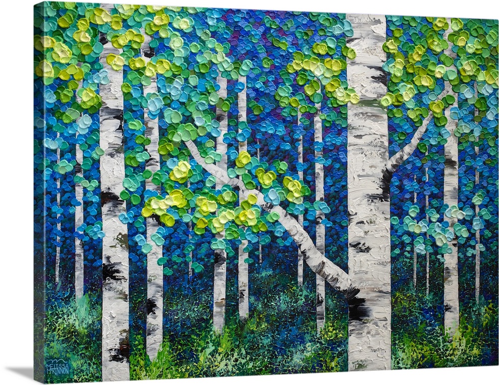 Large original painting of green, blue, yellow aspen trees and birch trees in autumn forest by Canadian abstract landscape...