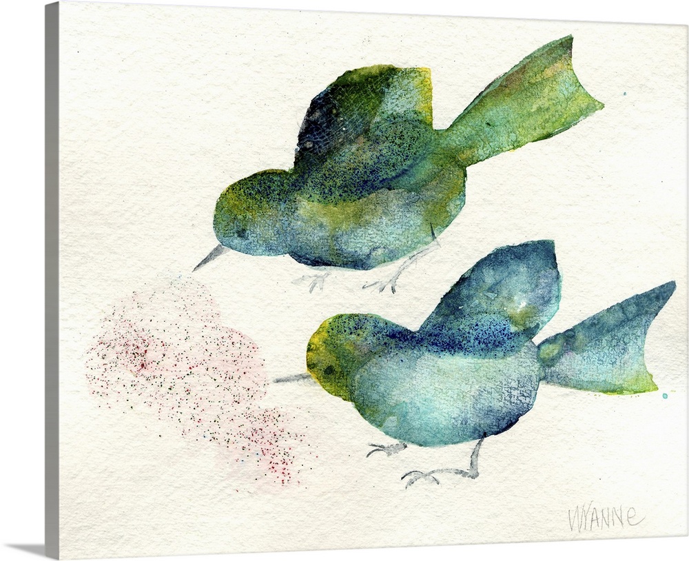 Two watercolor birds looking at seeds on the ground.