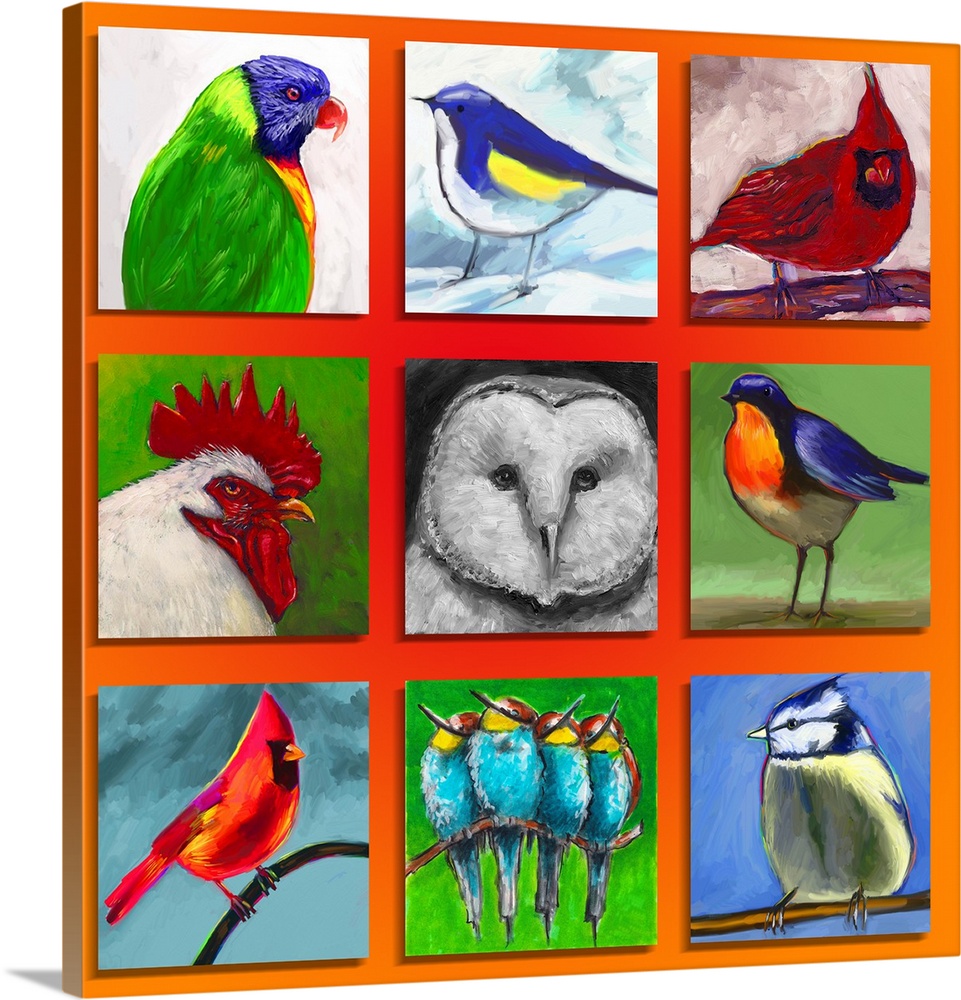 A contemporary painting of tiled images of birds.