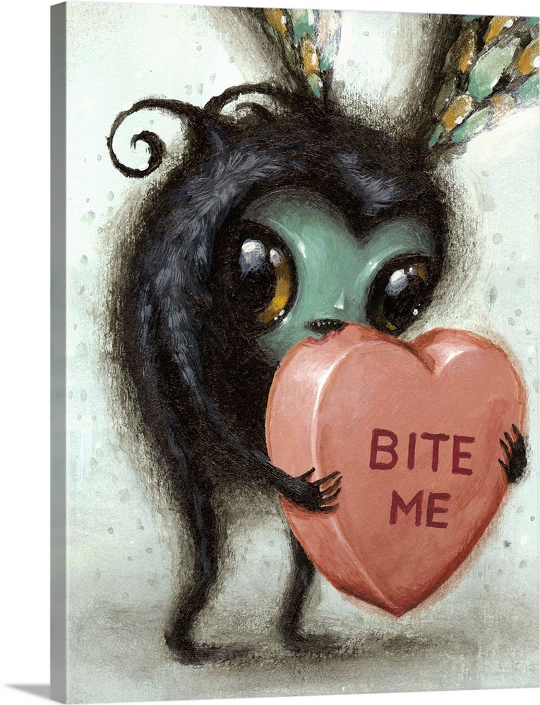 Surrealist painting of an insect-like creature holding a heart-shaped candy.