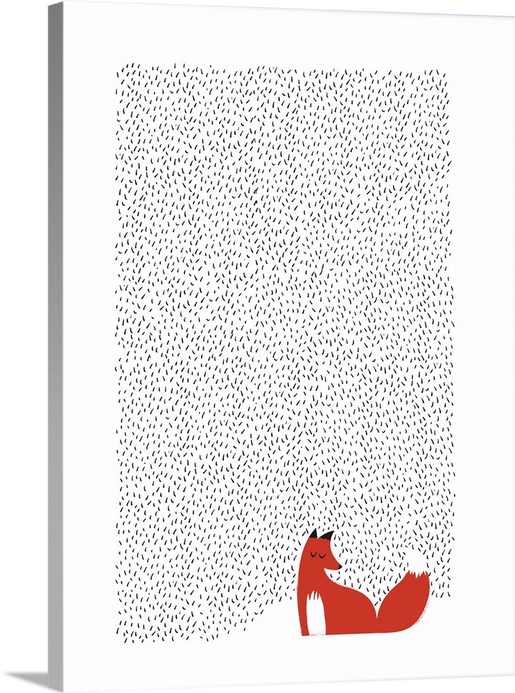 Contemporary artwork of a red fox surrounded by a lined pattern against a white background.