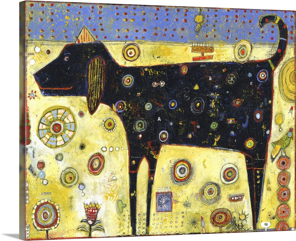 Lighthearted contemporary painting of black dog with spots.
