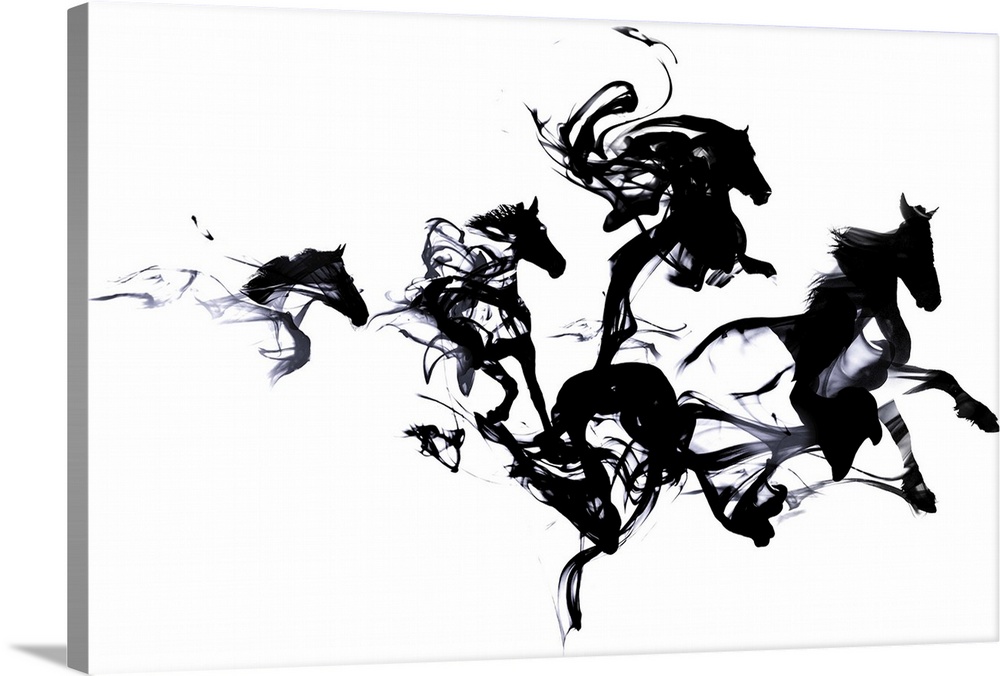 Contemporary artwork of black ink blotches creating the shape of galloping horses.