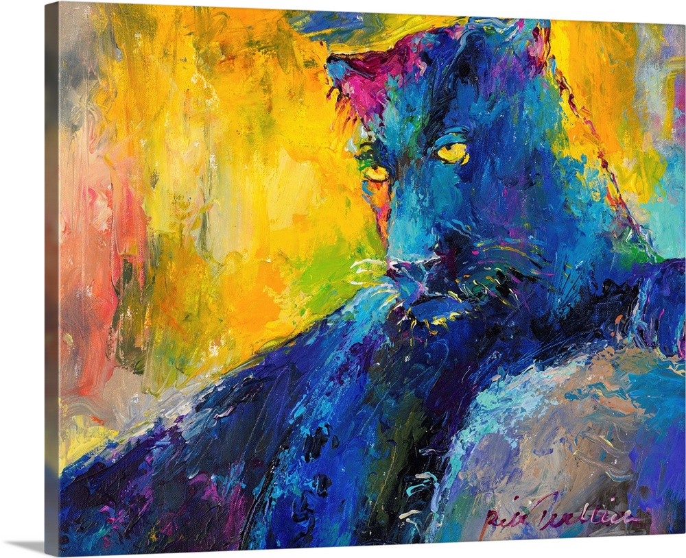 Colorful abstract painting of a panther resting.
