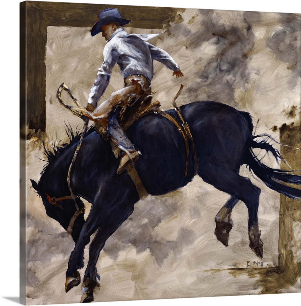Contemporary western theme painting of a cowboy riding a bucking bronco.