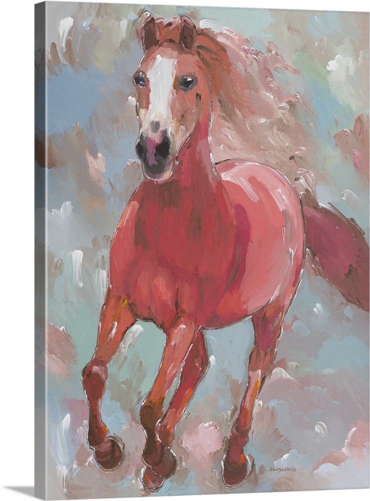 Contemporary painting of a galloping horse made with shades of pink on a colorful pastel background.