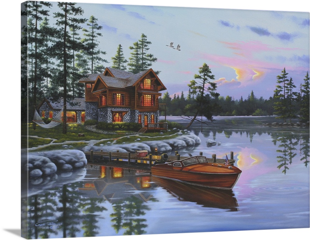 An idyllic painting of a wilderness scene of a cabin on a lake.