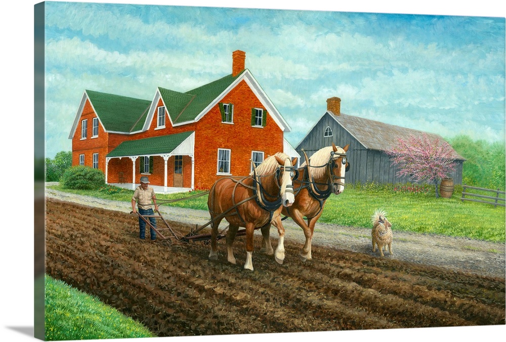 Contemporary artwork of two horses pulling a plow in a field.