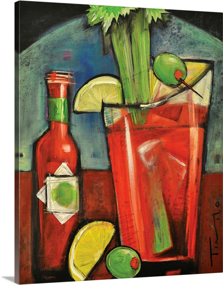 Painting of alcoholic beverage garnished with celery, olives, and lemons next to a bottle of mix.