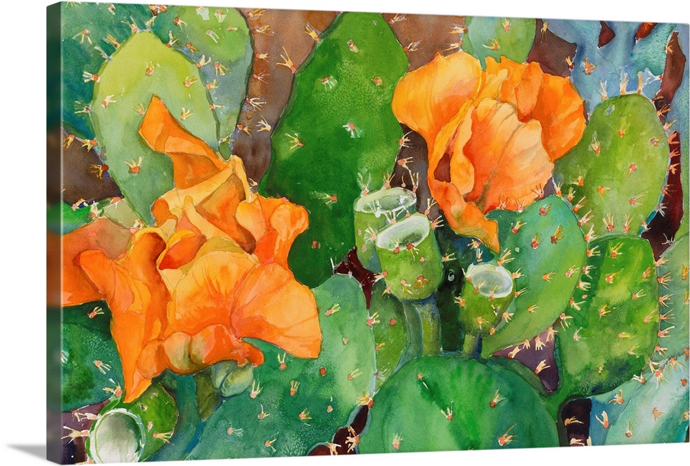 Colorful contemporary painting of cactus flowers in bloom.