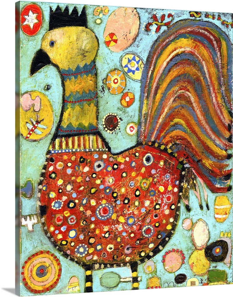 Lighthearted contemporary painting of a multi-colored chicken.