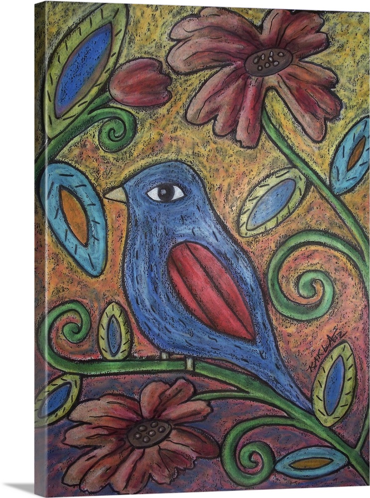 Contemporary painting of a blue bird perched on a flower stem.