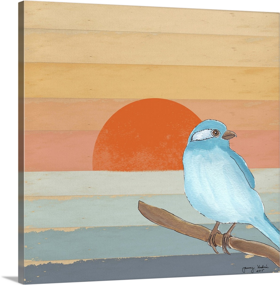 Drawing of a bird on a striped sunset background.