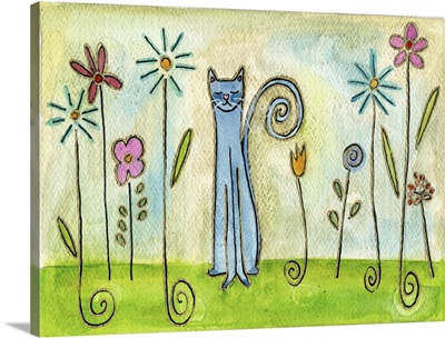 Blue Cat In The Flower Garden