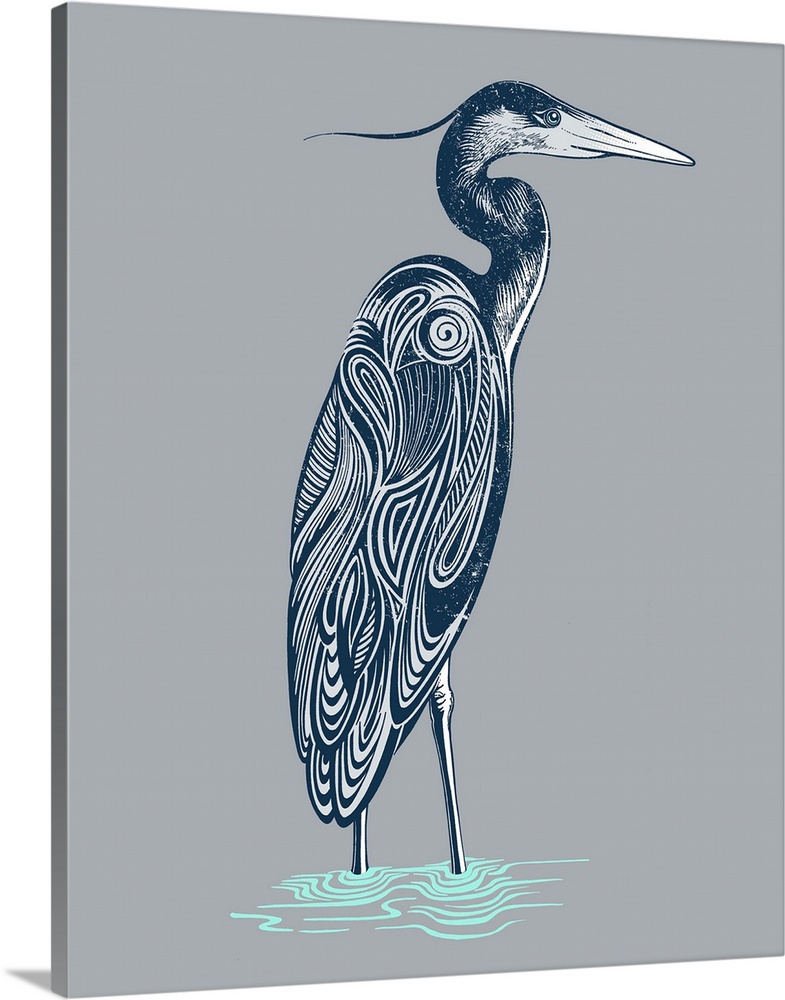 Illustration of a blue heron standing in water with a gray background.