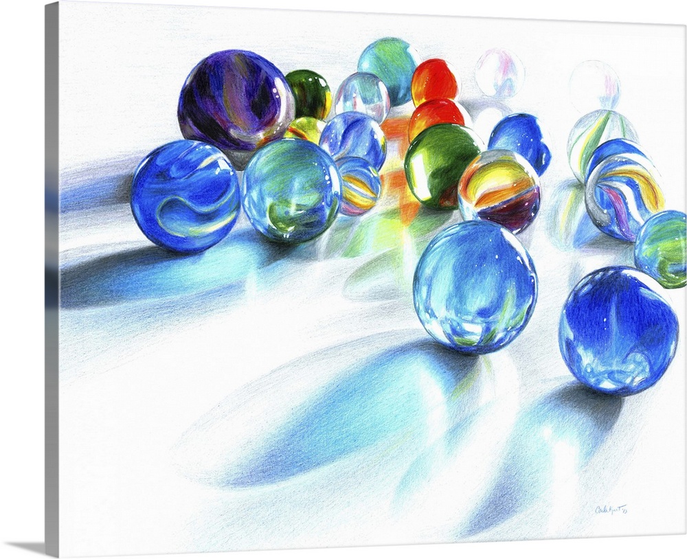 Contemporary still-life artwork of glass marbles on a white surface with bright light shining through them.