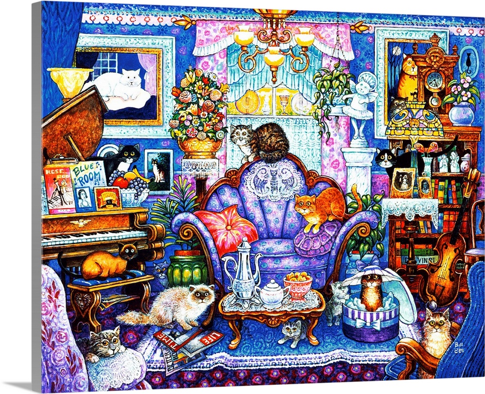 Eleven cats in a blue-colored, Victorian living room.