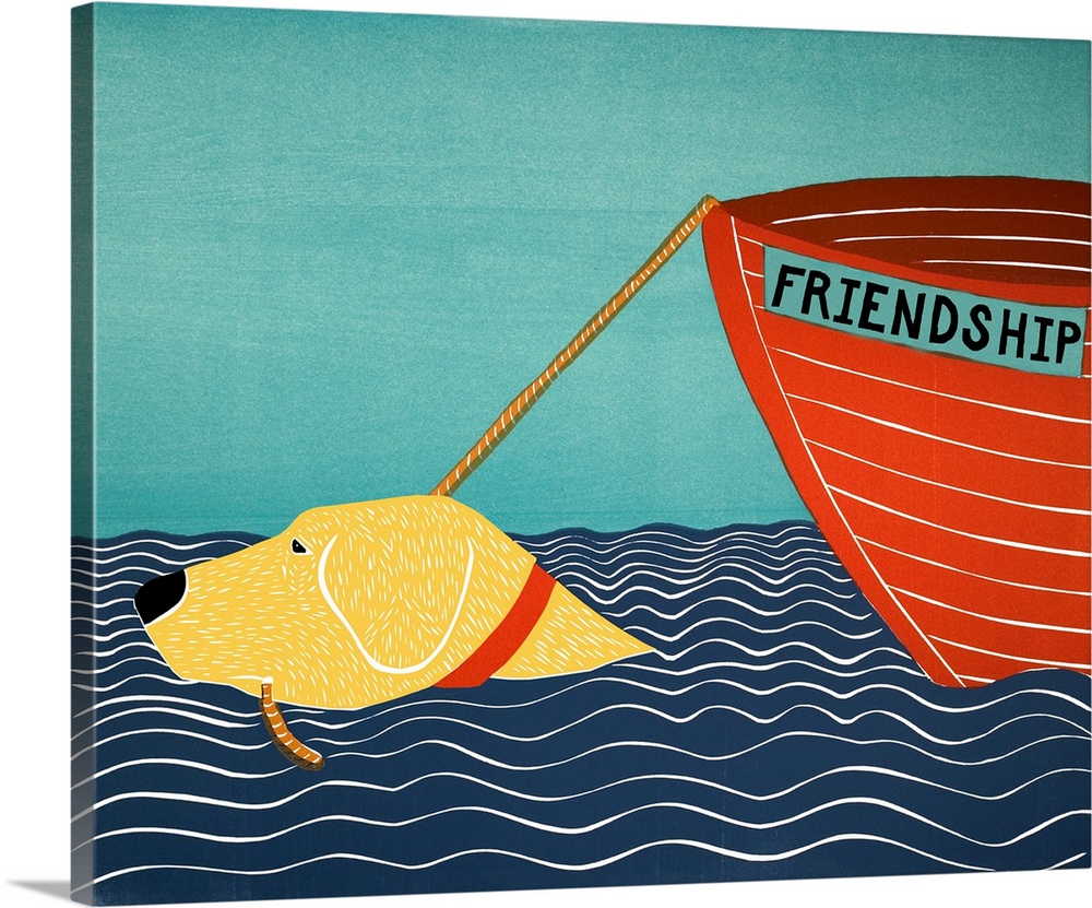 Illustration of a yellow lab swimming the the ocean pulling a red boat called "Friendship" behind him.