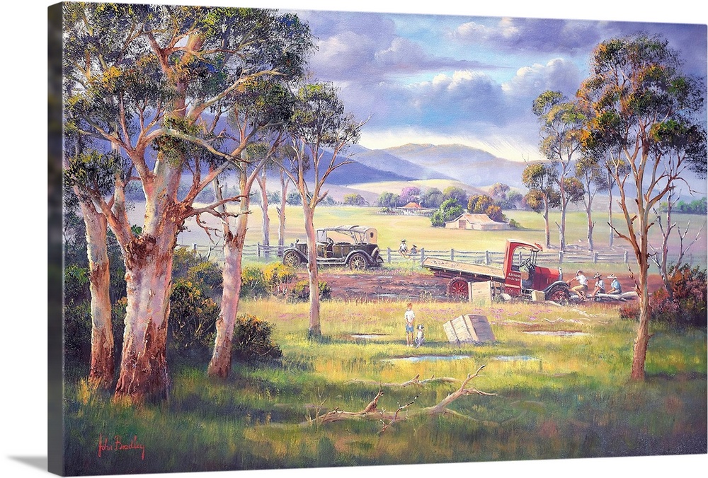 Contemporary painting of an idyllic countryside landscape.