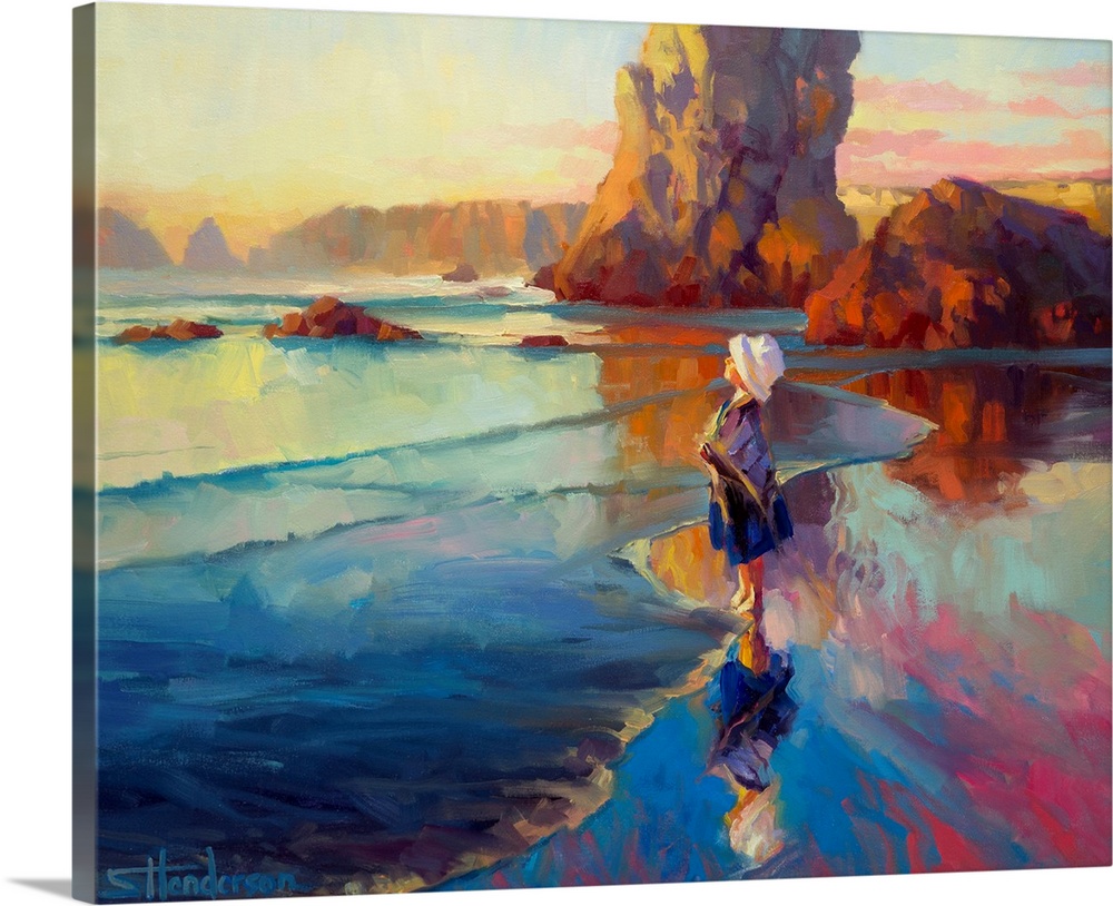 Oversized landscape painting of a young girl, standing on a beach with confidence, facing the waters edge as the tide roll...