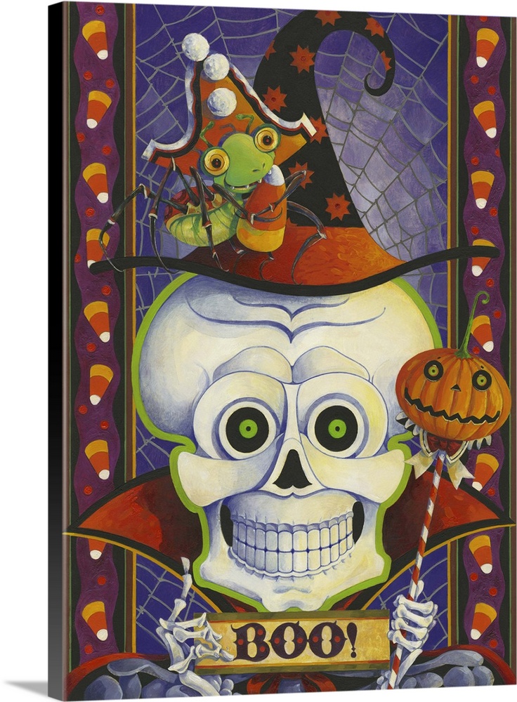 Contemporary artwork of a Halloween themed skeleton wearing a witch hat holding a sign that says boo.