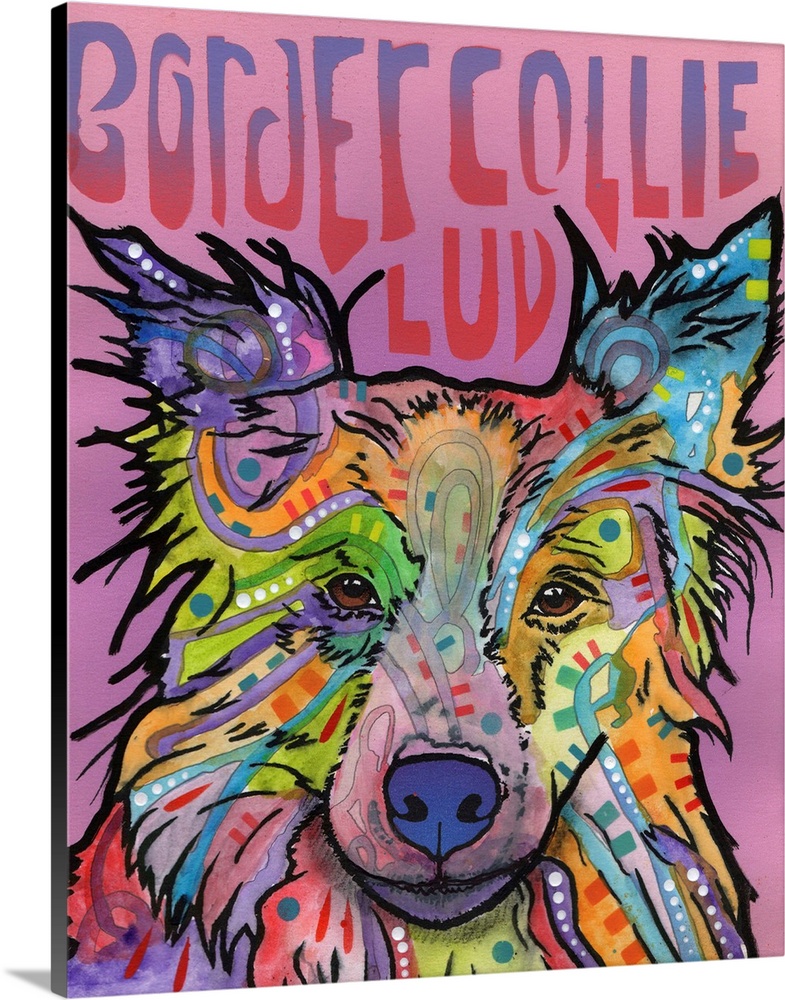 Colorful painting of a Border Collie with graffiti-like designs on a pink and purple background with "Border Collie Luv" s...
