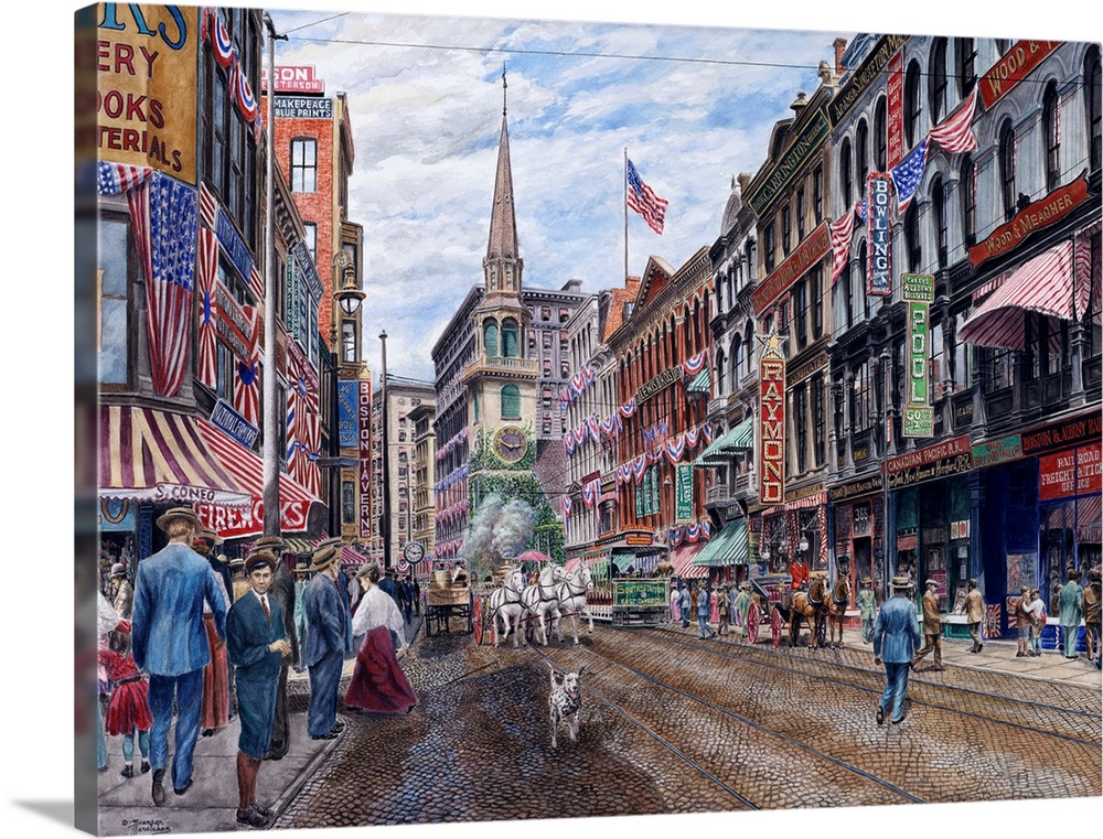 Contemporary painting of a bustling street in Boston.