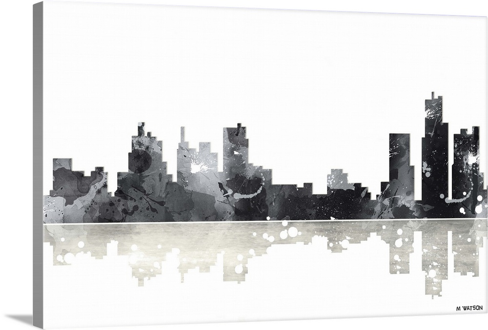 Contemporary black and white watercolor skyline casting a mirror-like reflection below.