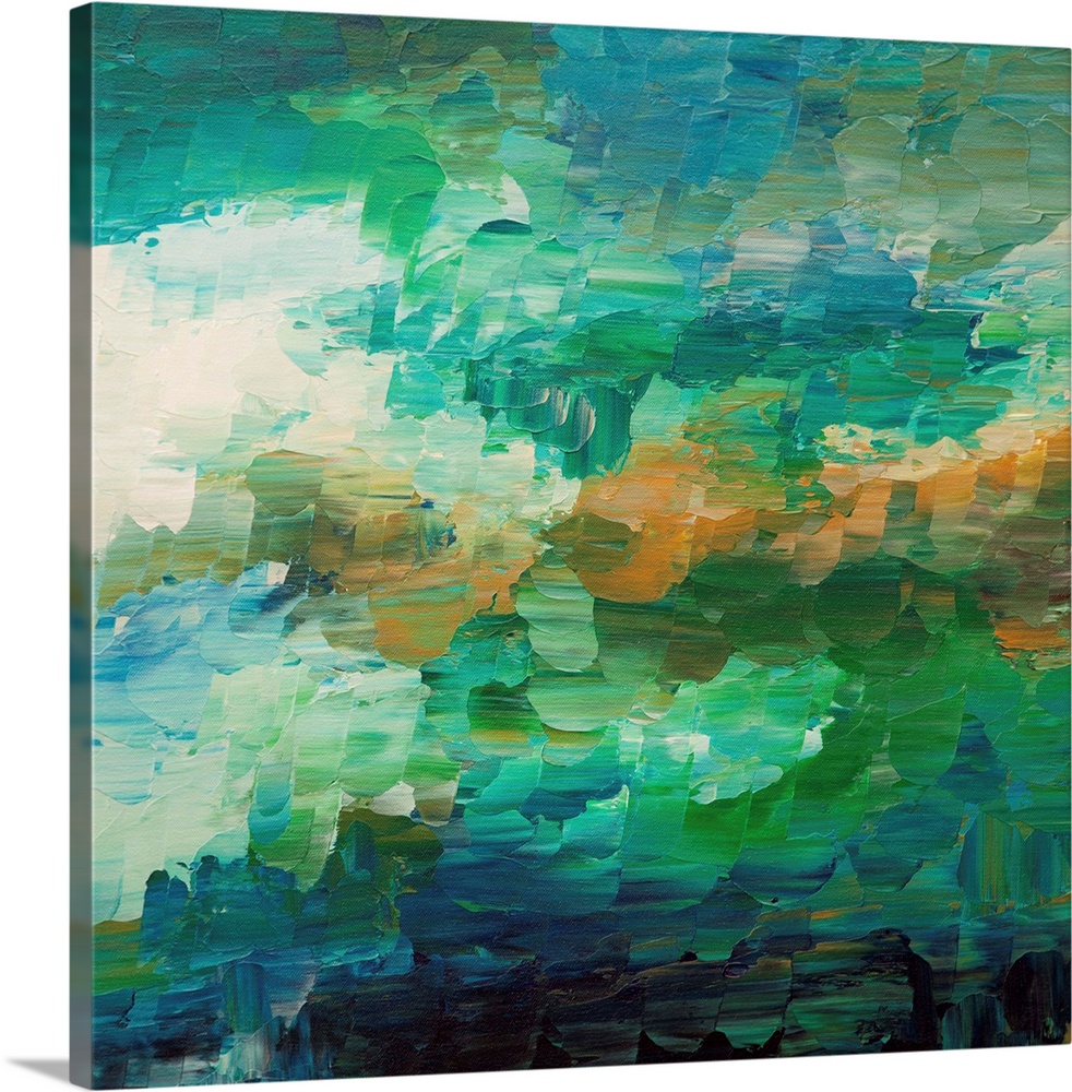 Contemporary abstract painting in cool blues and greens.