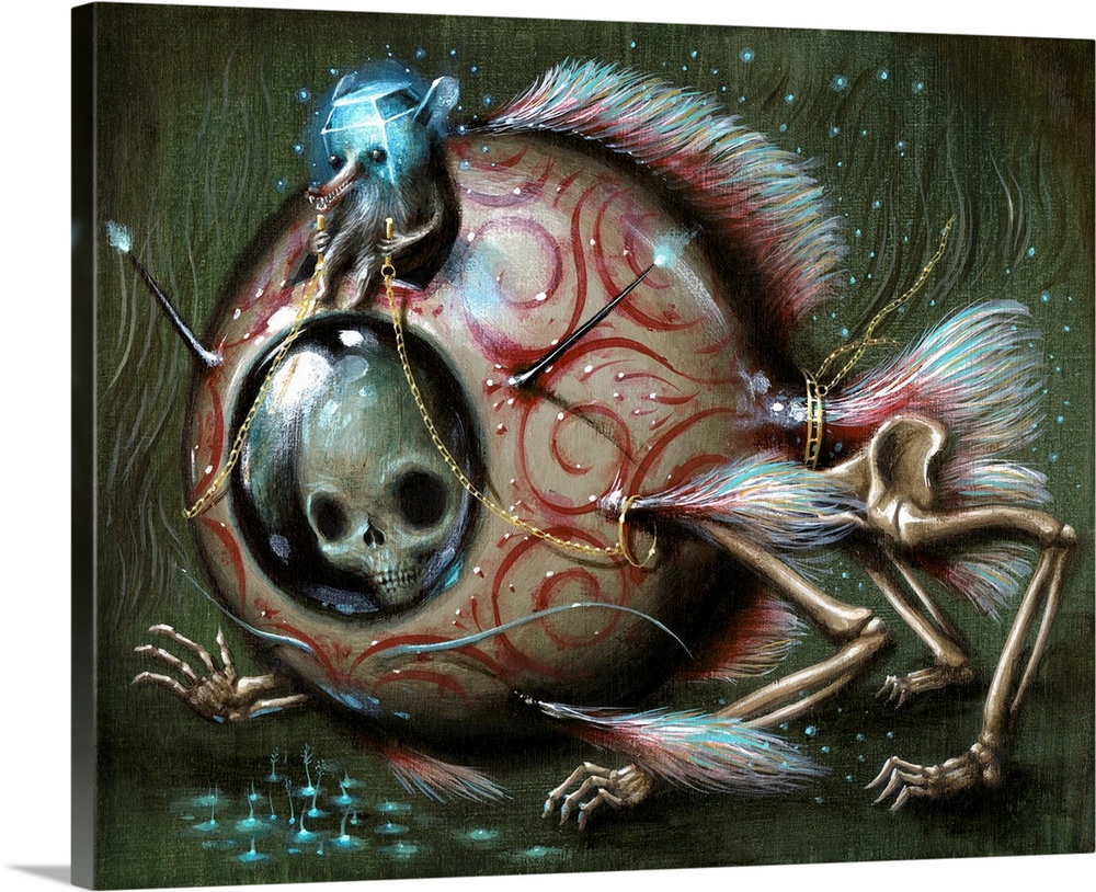 Surrealist painting of a creature with a glass cube-like head sitting atop a skeleton wearing a fish costume.