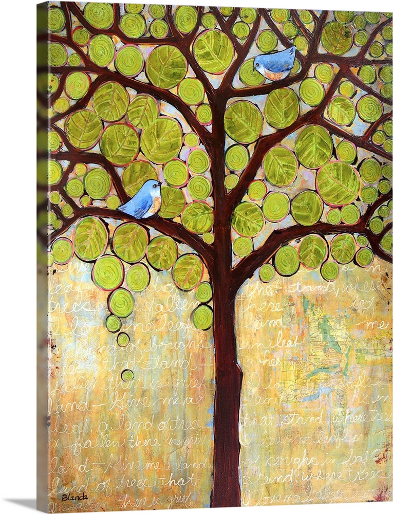 Lighthearted contemporary painting of a tree with blue birds perched on the on the branches.