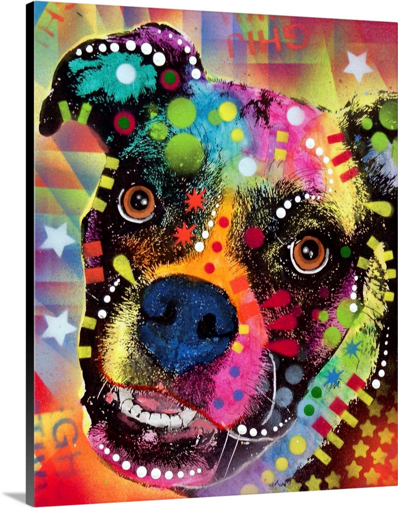 Contemporary stencil painting of a dog filled with various colors and patterns.