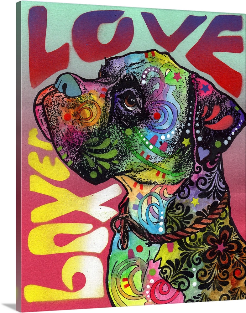 "Boxer Love" written around a colorful painting of a Boxer with abstract markings and a rope collar.