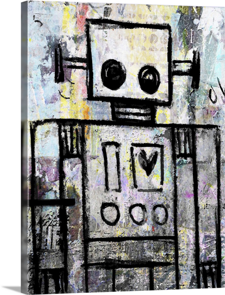 Cute painting of a robot made of simple lines and shapes.