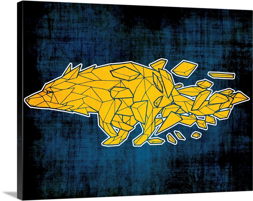 Illustration of a yellow wolf made out of geometric shapes on a dark blue and black background.