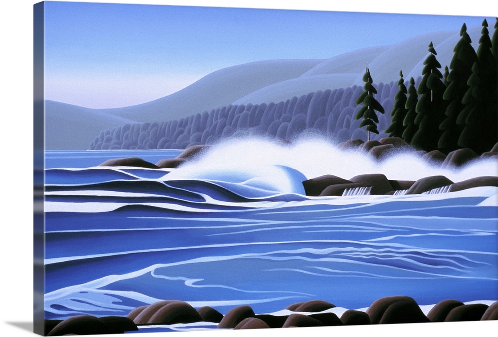 Waves crashing over rocks with mountains and pine trees.