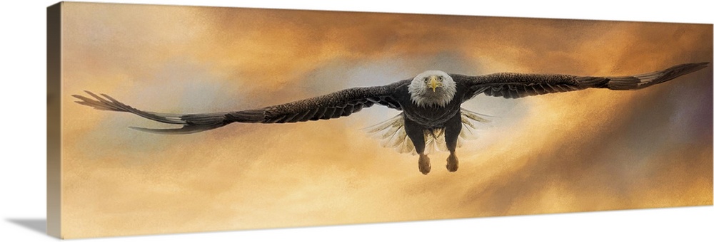 Artwork of a bald eagle soaring through the sky.