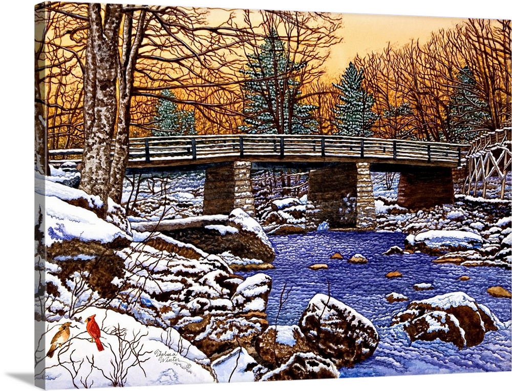 Contemporary painting of an idyllic rural bridge scene.