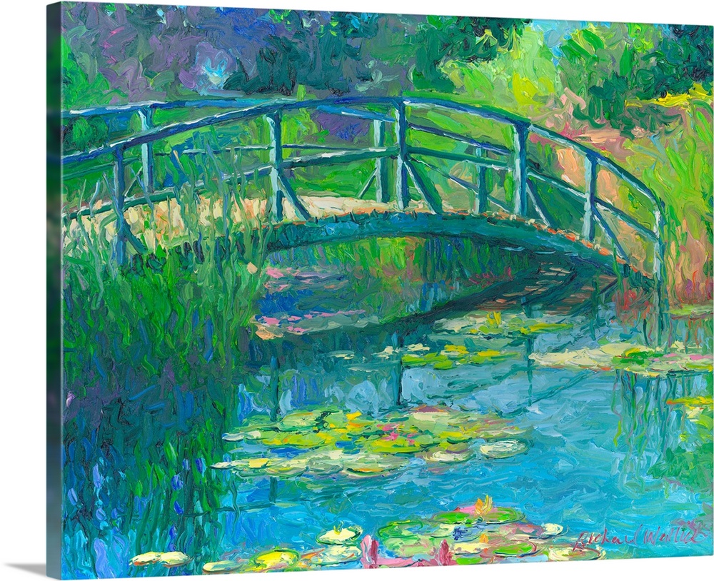 Painting of a garden with a pond and bridge over it.